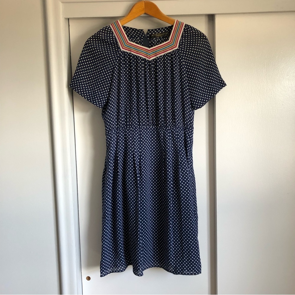 Vintage blue polka dot dress with rainbow collar
